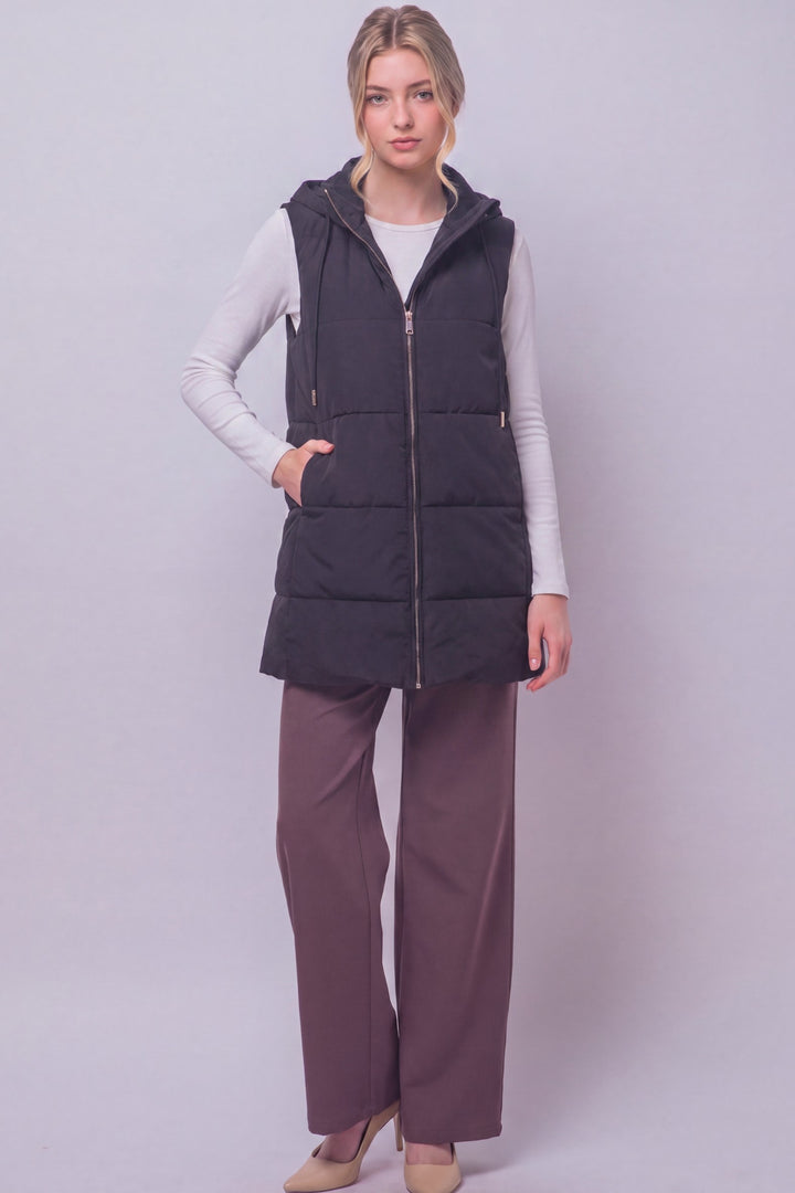 Black Long Hooded Puffer Vest