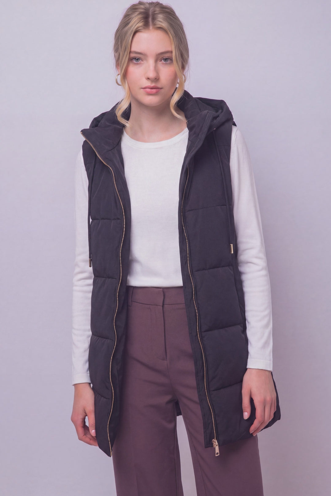 Black Long Hooded Puffer Vest