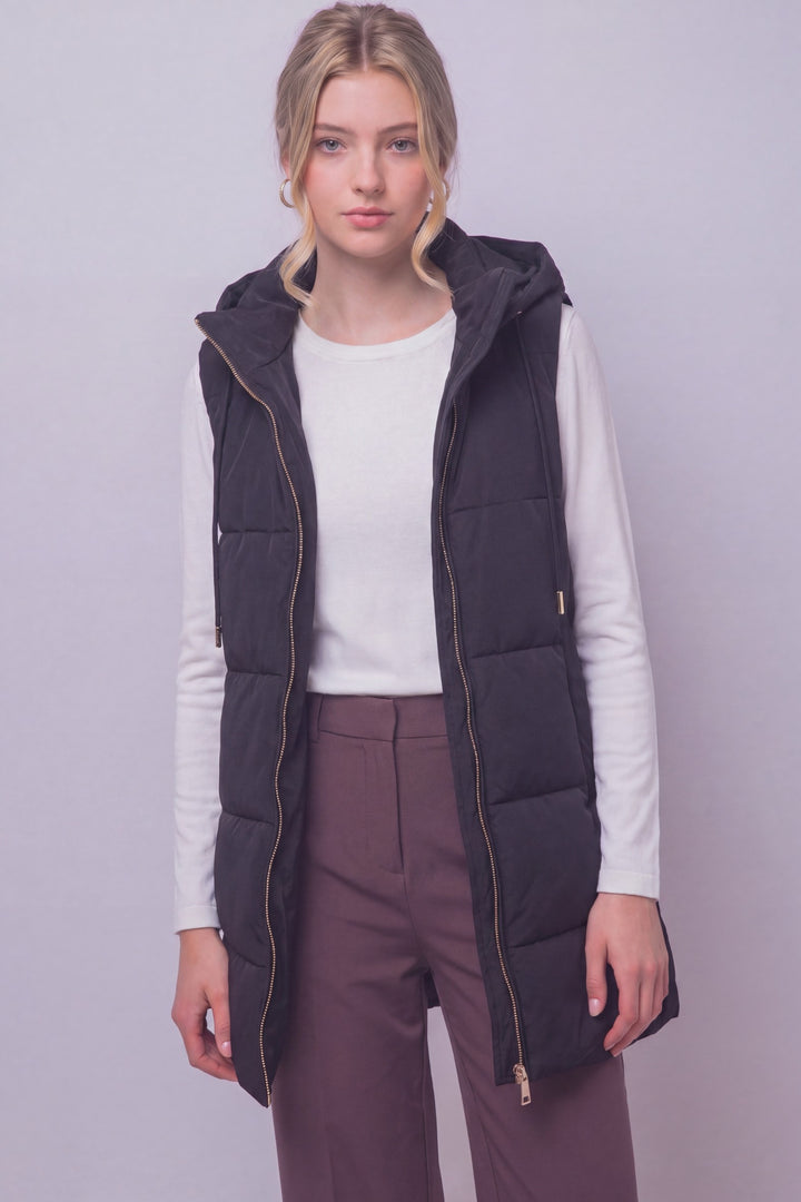 Black Long Hooded Puffer Vest