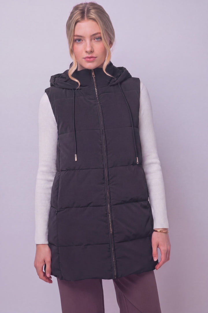 Black Long Hooded Puffer Vest