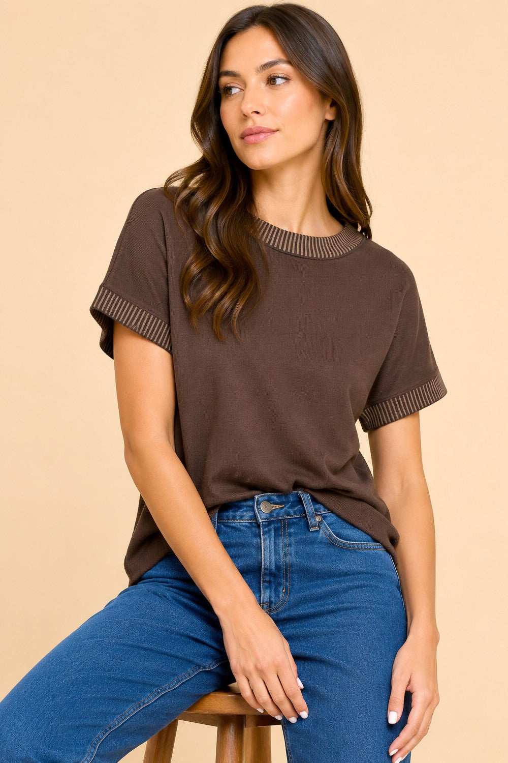 Brown Ribbed Sleeve Top