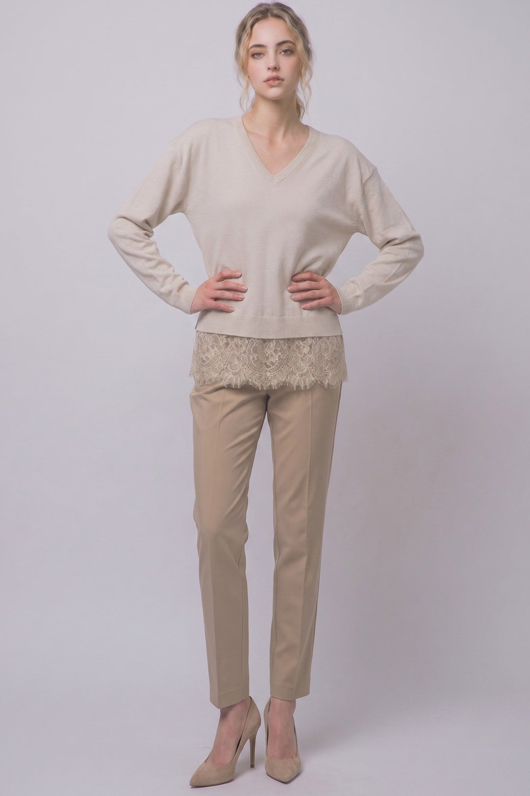 Oatmeal Lace Hem Sweater