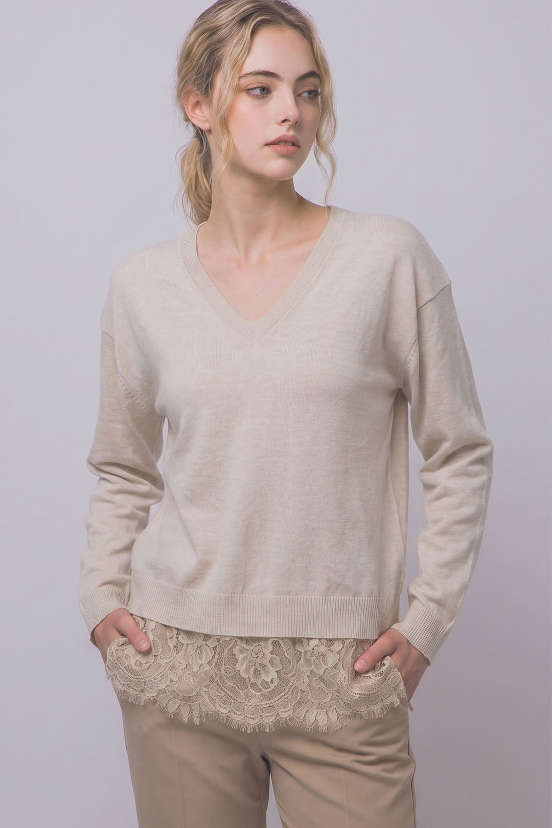 Oatmeal Lace Hem Sweater