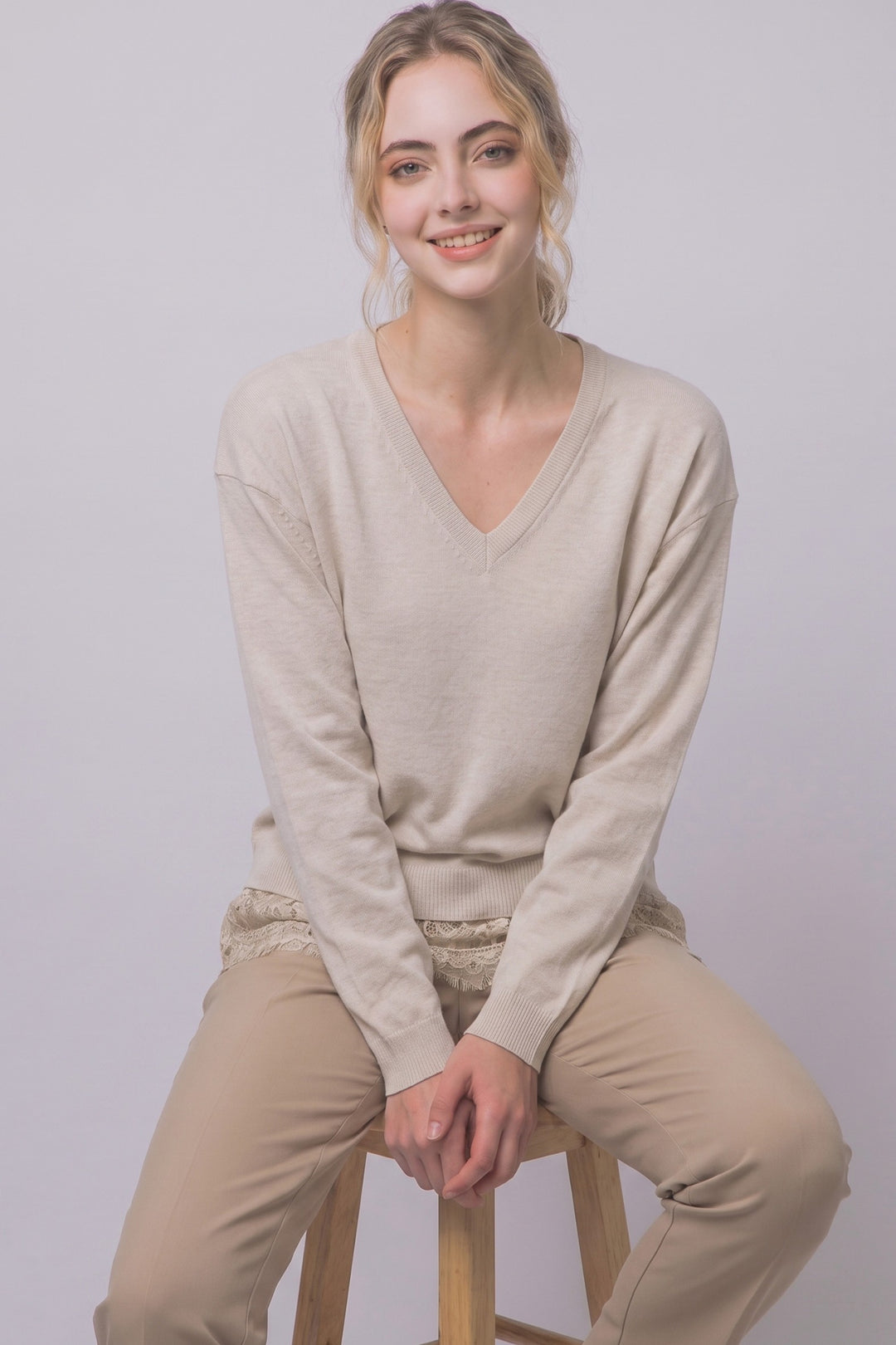 Oatmeal Lace Hem Sweater