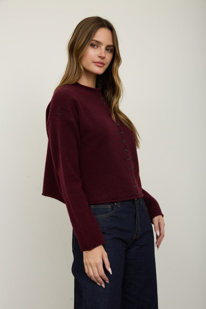 Oxblood Raw Edge Button Down Cardigan