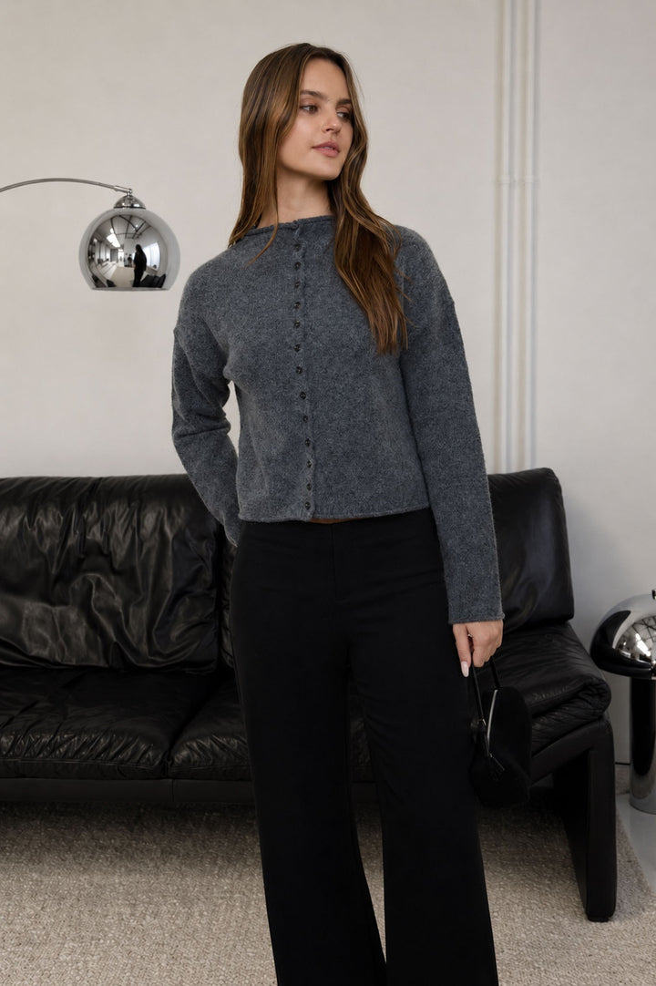 Charcoal Raw Edge Button Down Cardigan