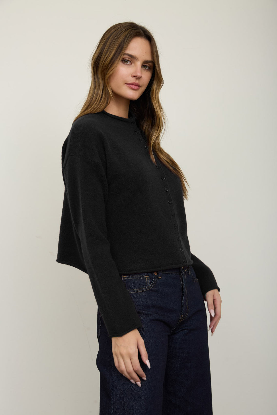 Black Raw Edge Button Down Cardigan