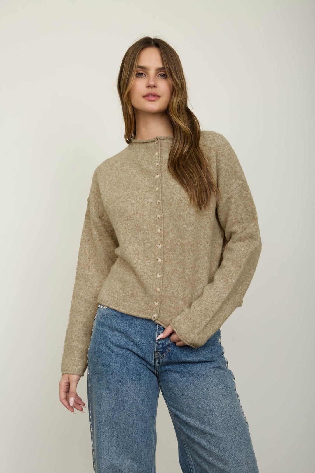 Khaki Raw Edge Button Down Cardigan
