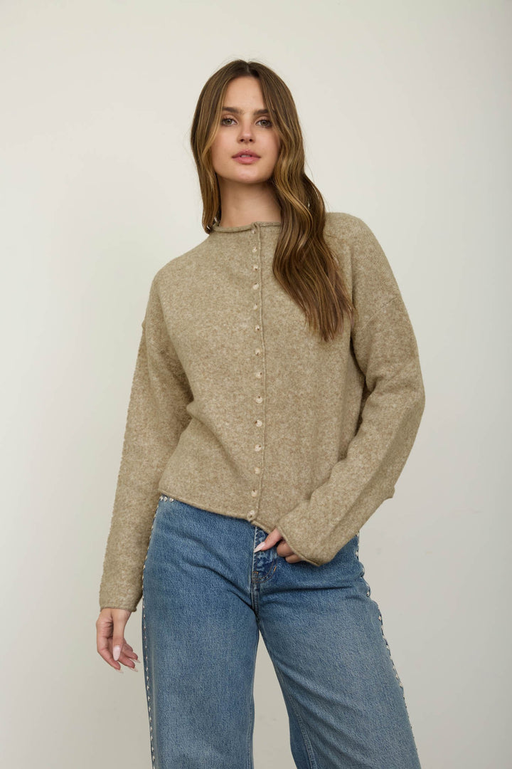 Khaki Raw Edge Button Down Cardigan