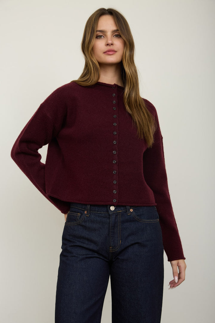 Oxblood Raw Edge Button Down Cardigan