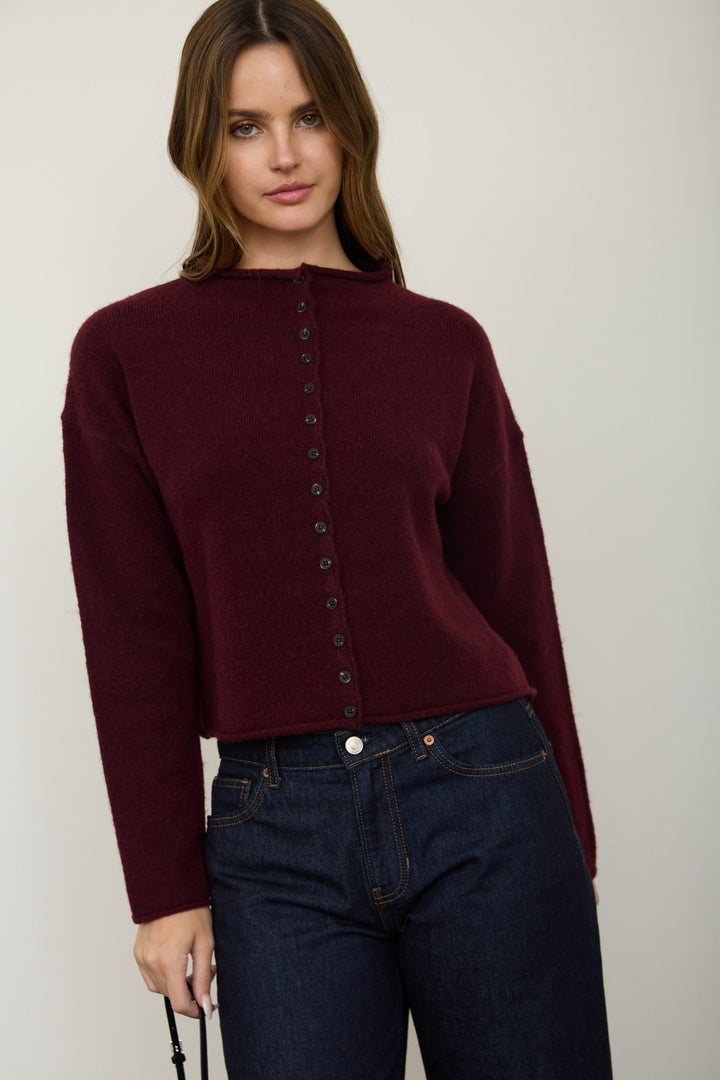 Oxblood Raw Edge Button Down Cardigan