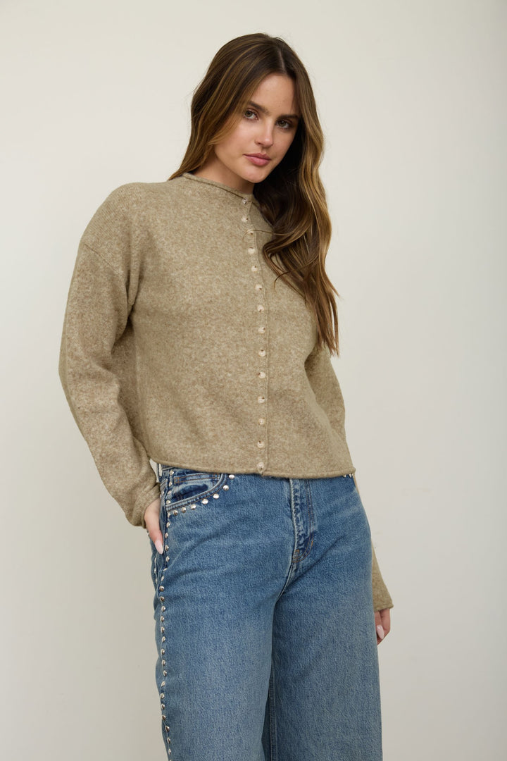 Khaki Raw Edge Button Down Cardigan