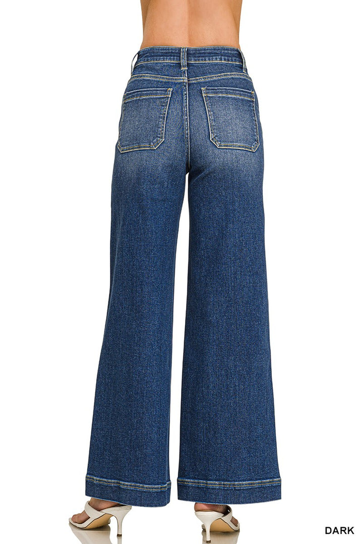 High Rise Wide Leg Pintuck Denim Pants