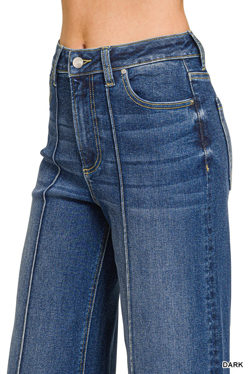 High Rise Wide Leg Pintuck Denim Pants