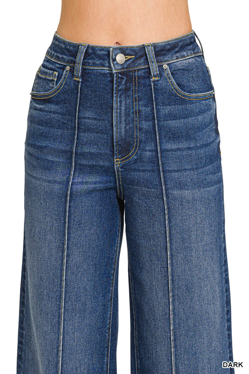 High Rise Wide Leg Pintuck Denim Pants
