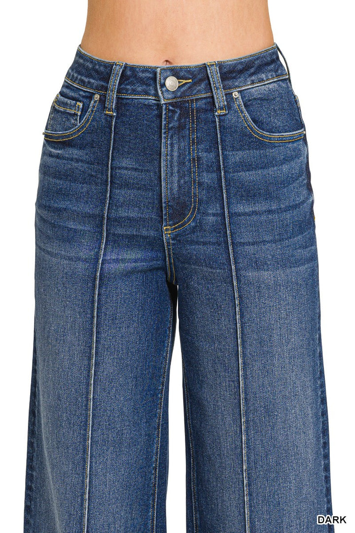 High Rise Wide Leg Pintuck Denim Pants