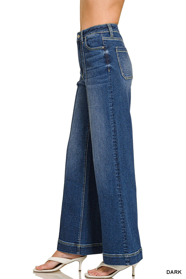 High Rise Wide Leg Pintuck Denim Pants