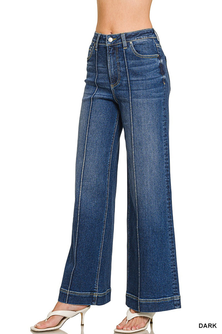 High Rise Wide Leg Pintuck Denim Pants