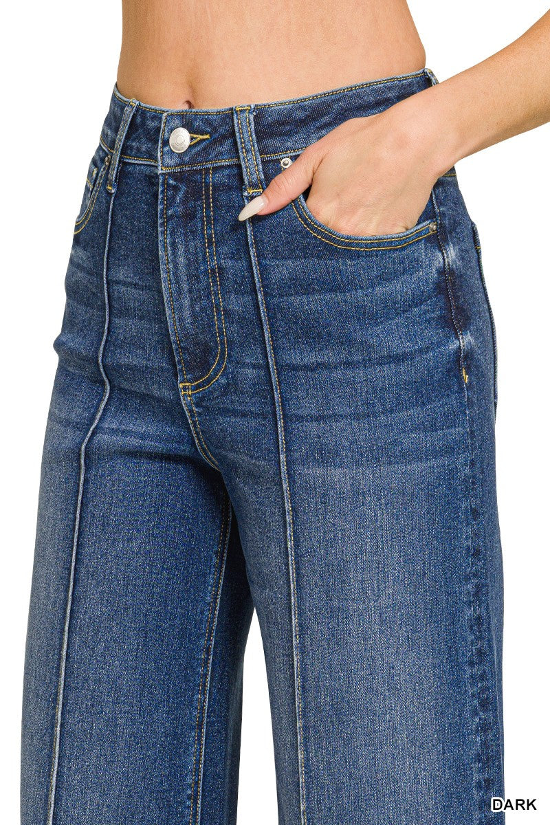 High Rise Wide Leg Pintuck Denim Pants