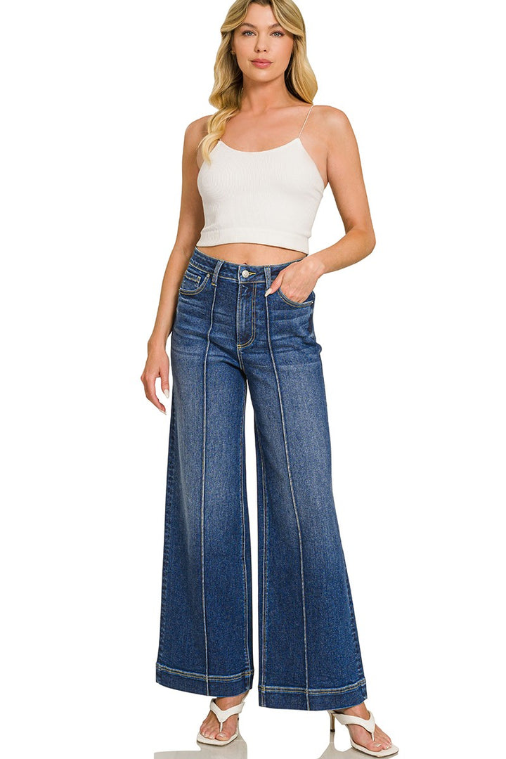 High Rise Wide Leg Pintuck Denim Pants