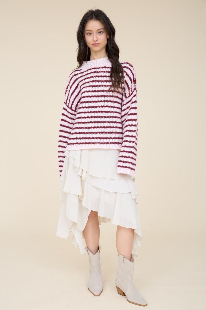 Pink Stripe Rolled Edge Knit Sweater