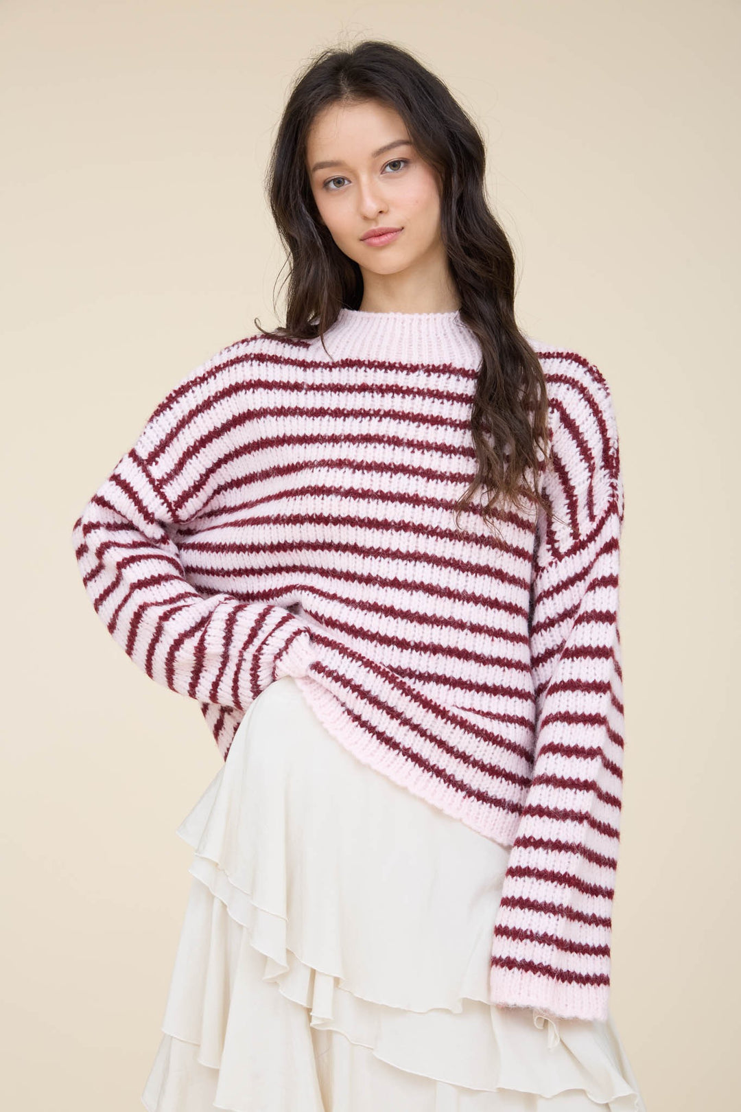 Pink Stripe Rolled Edge Knit Sweater