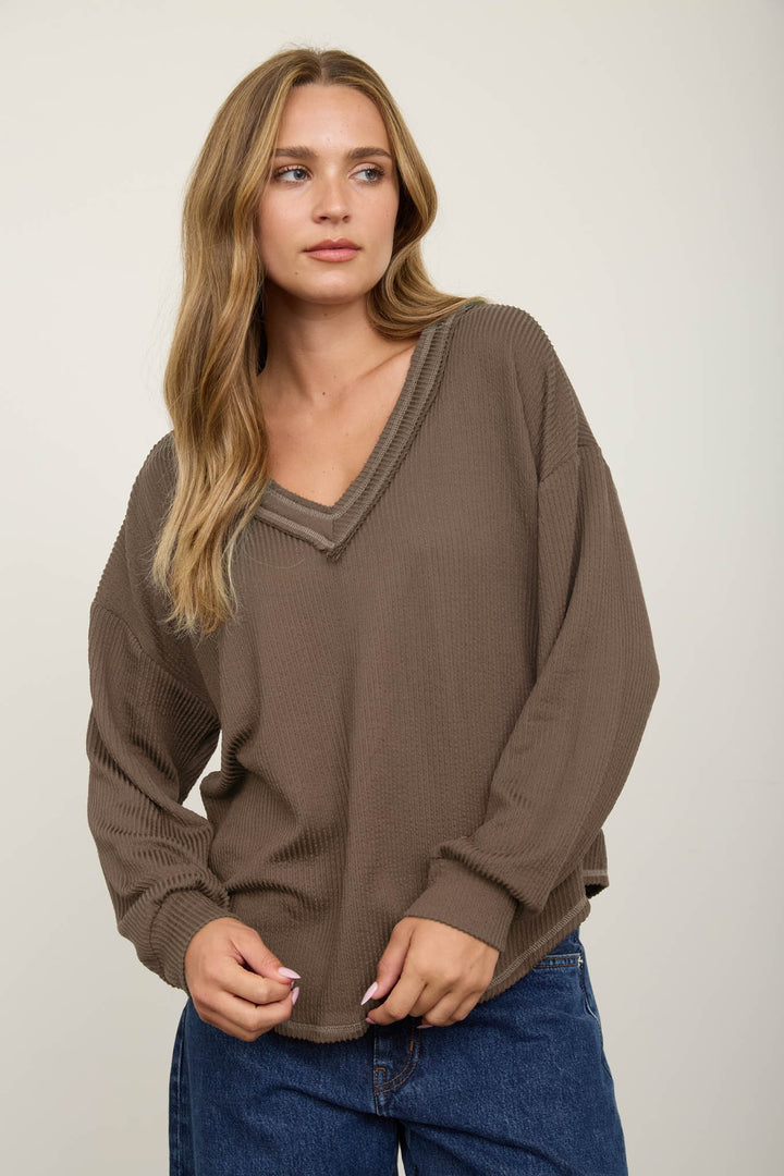 Mocha Raw Edge Textured Knit Top