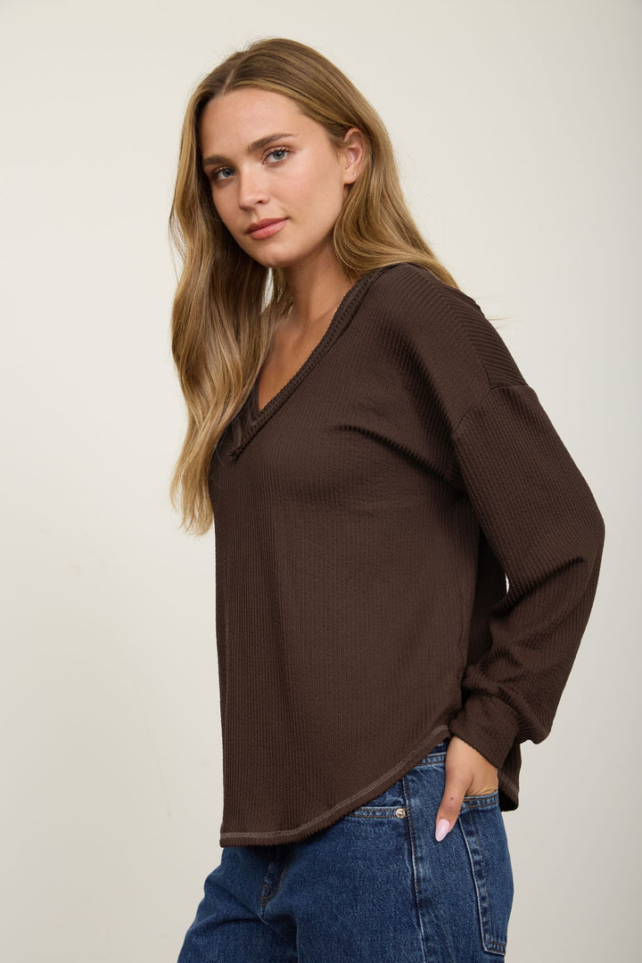 Brown Raw Edge Textured Knit Top