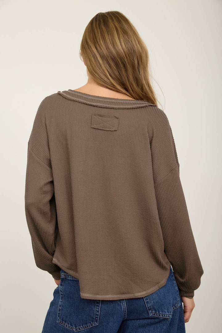 Mocha Raw Edge Textured Knit Top