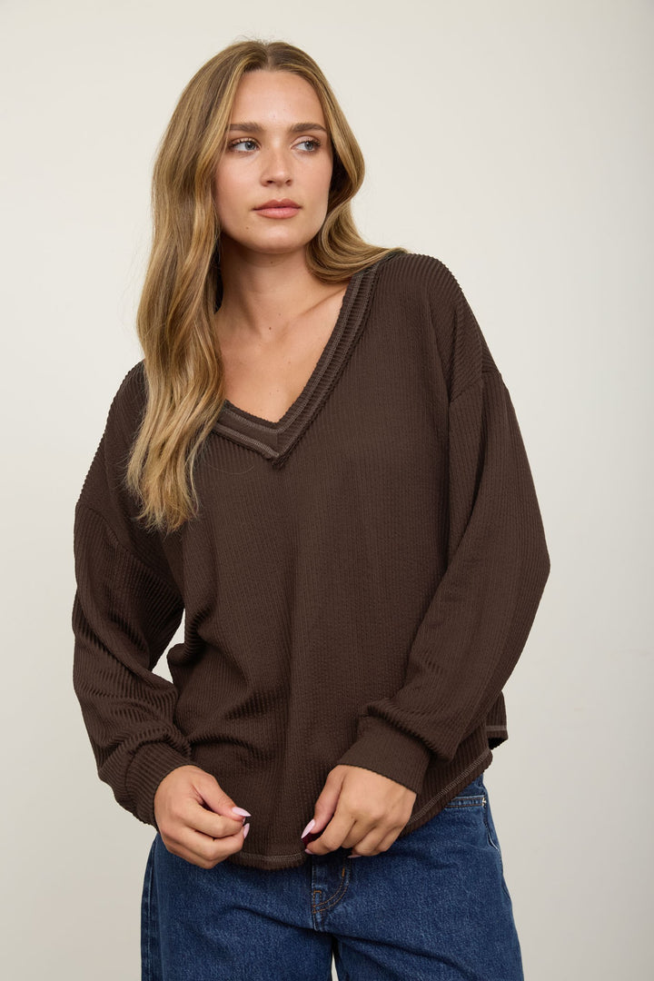 Brown Raw Edge Textured Knit Top