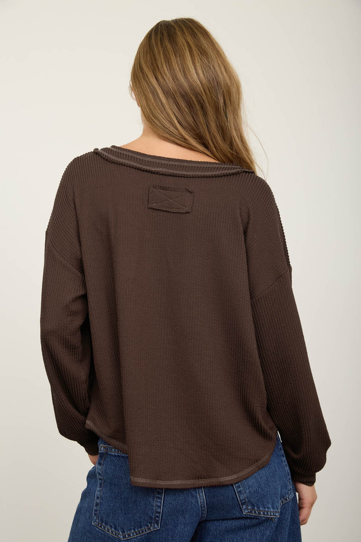 Brown Raw Edge Textured Knit Top