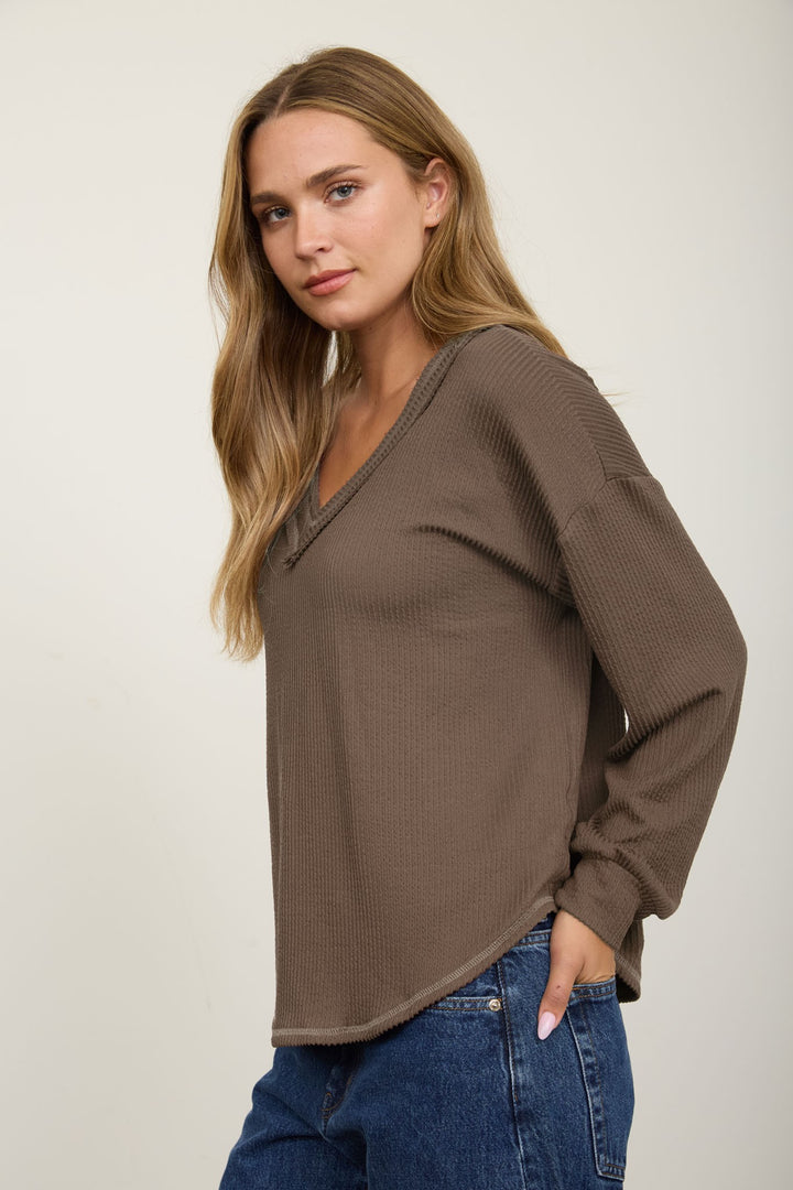Mocha Raw Edge Textured Knit Top