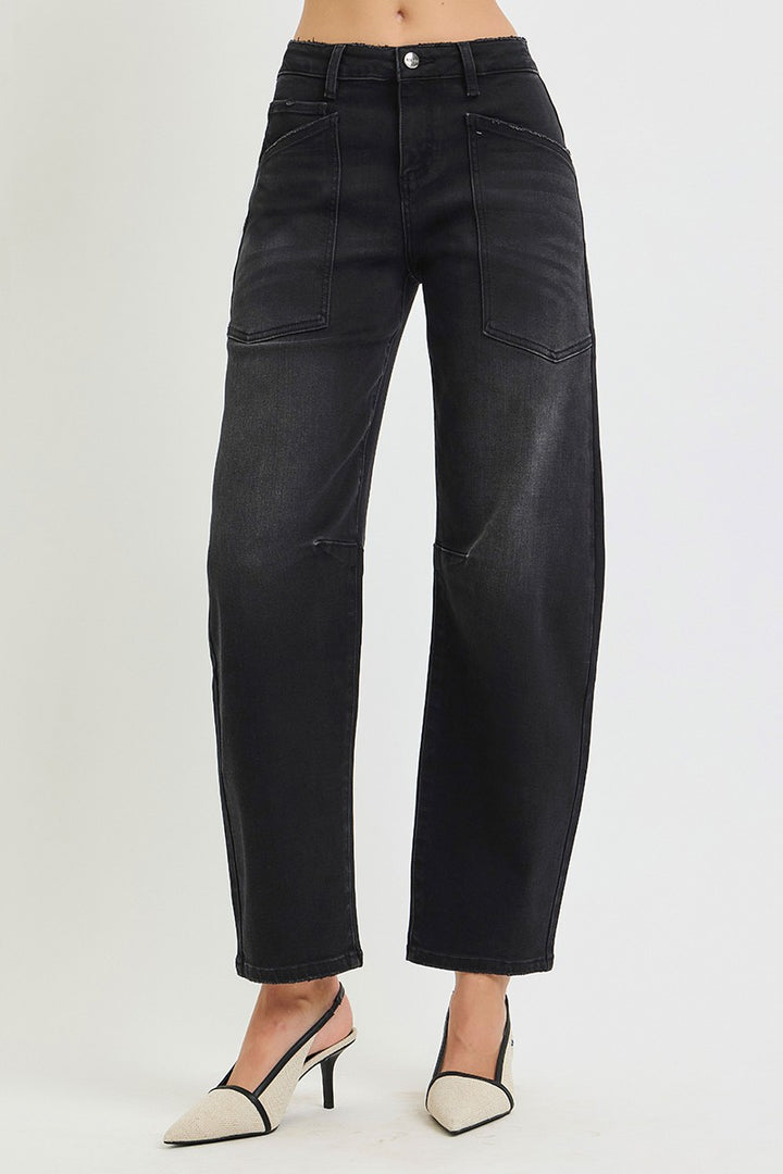 Risen Black Mid Rise Barrel Pocket Jeans