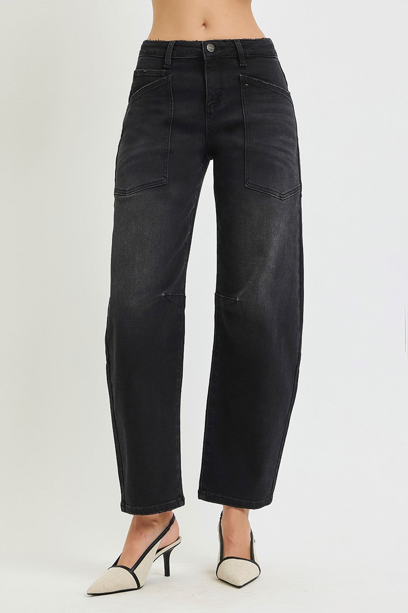 Risen Black Mid Rise Barrel Pocket Jeans