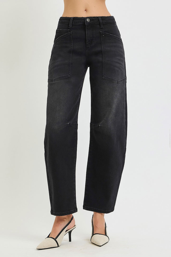 Risen Black Mid Rise Barrel Pocket Jeans