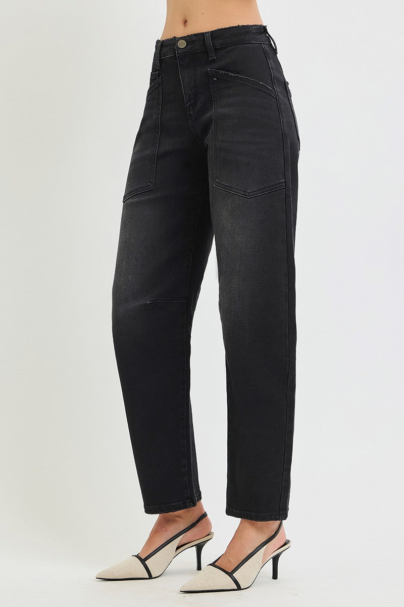 Risen Black Mid Rise Barrel Pocket Jeans