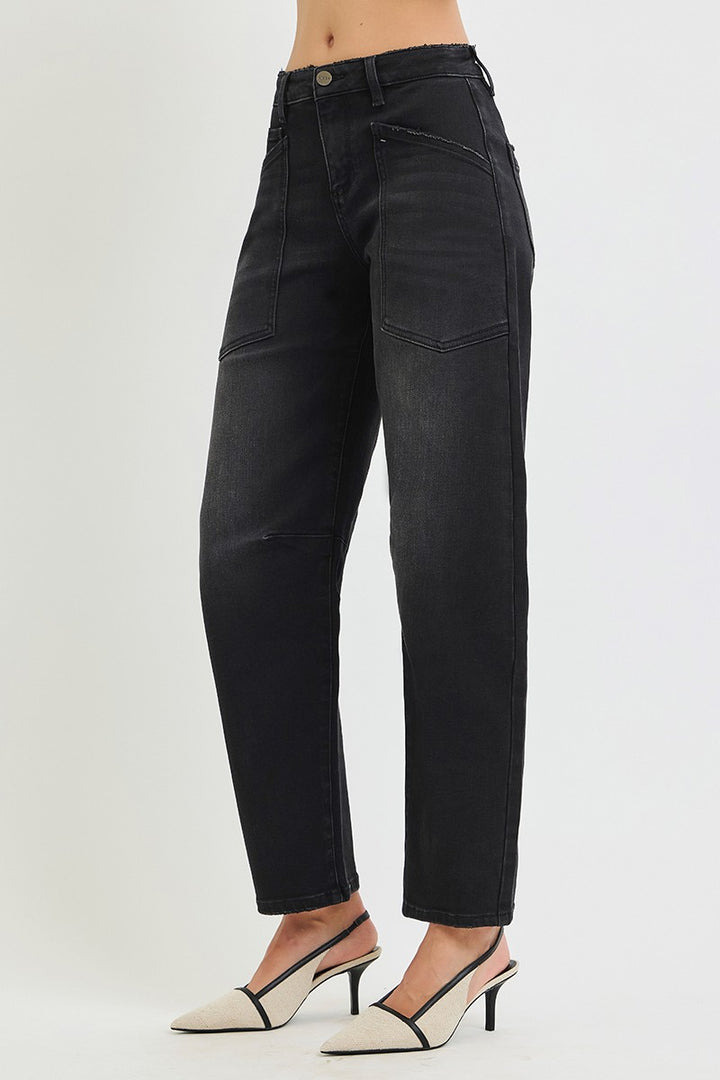 Risen Black Mid Rise Barrel Pocket Jeans