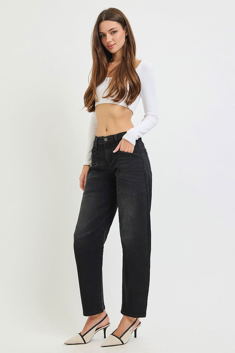 Risen Black Mid Rise Barrel Pocket Jeans