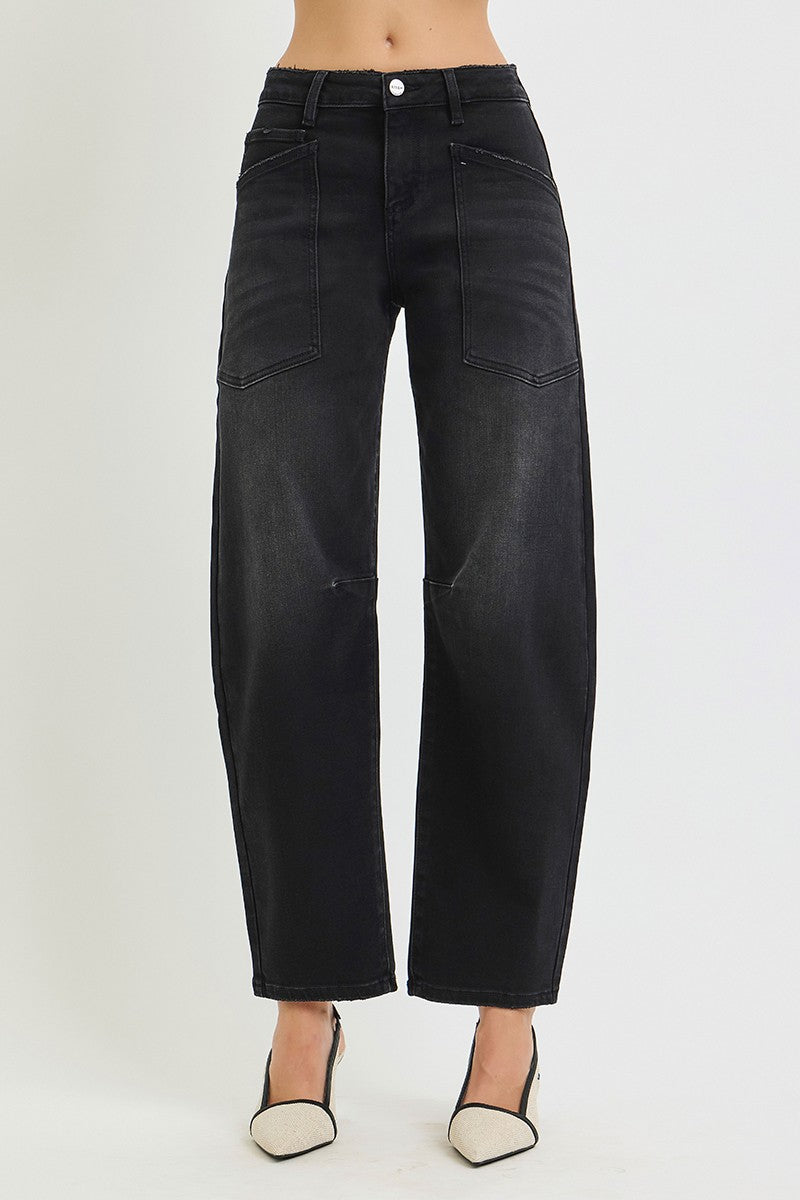 Risen Black Mid Rise Barrel Pocket Jeans