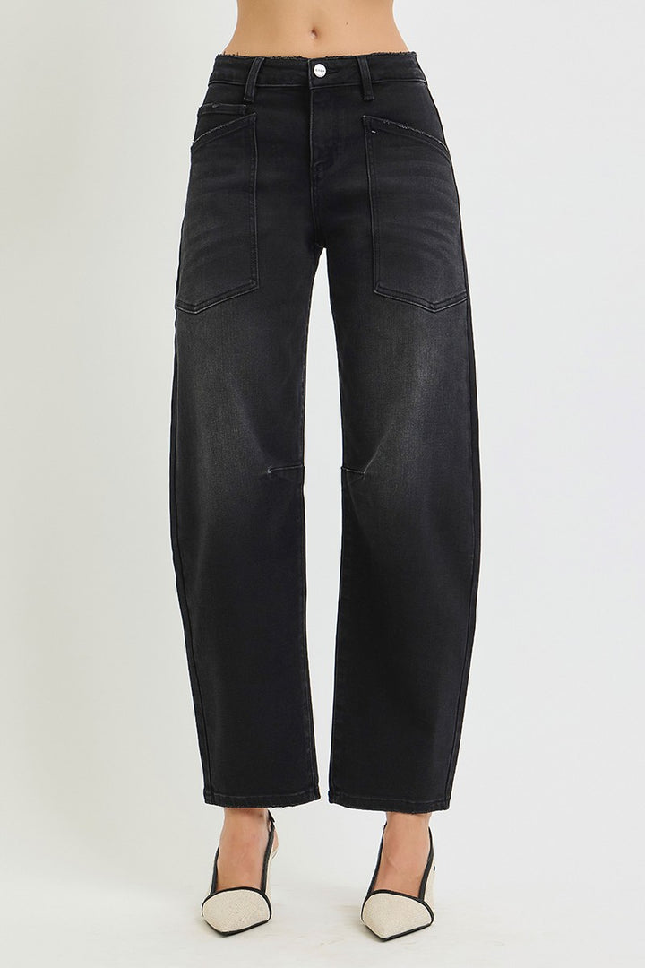 Risen Black Mid Rise Barrel Pocket Jeans