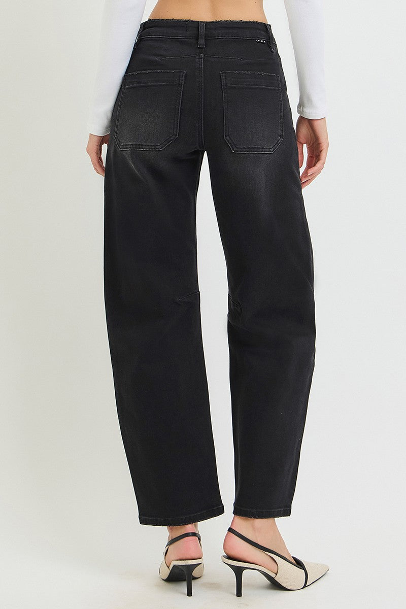 Risen Black Mid Rise Barrel Pocket Jeans