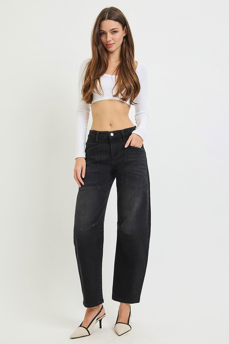Risen Black Mid Rise Barrel Pocket Jeans