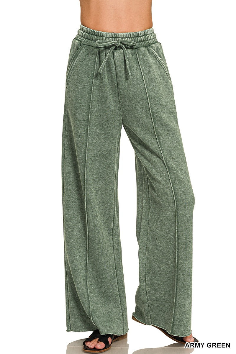 Army Green Acid Washed Wide Leg Pants