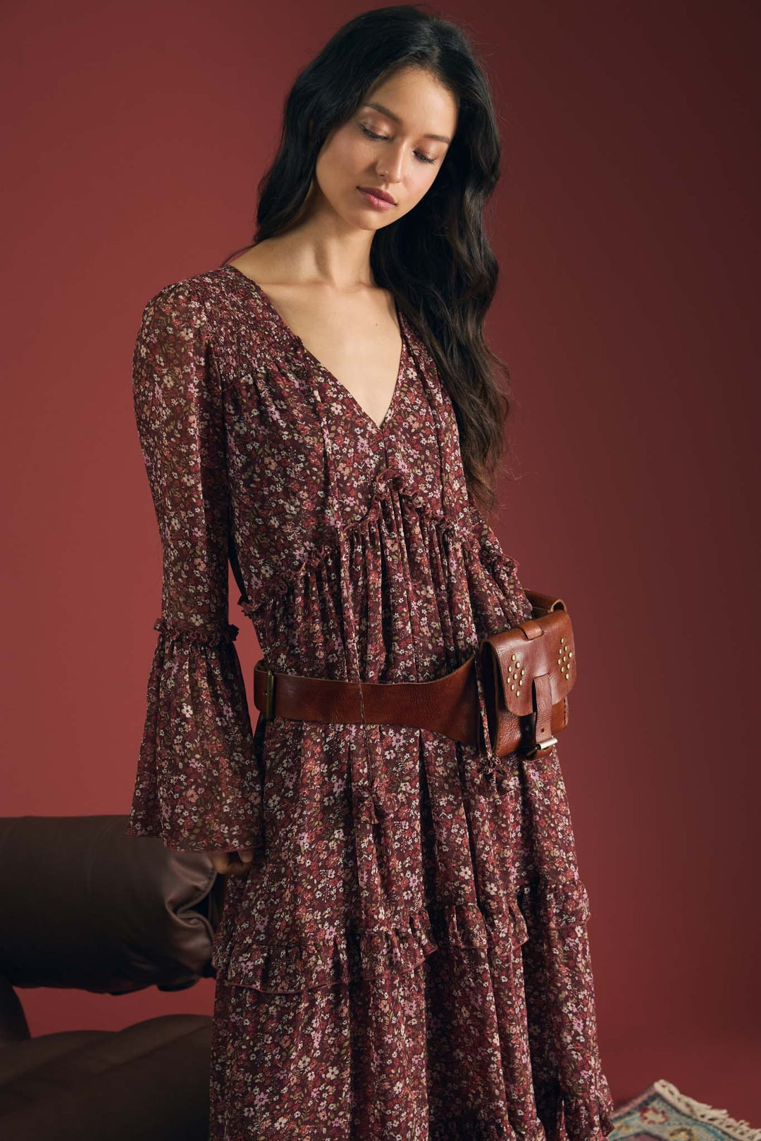 Burgundy Floral Organza Tunic Midi Dress