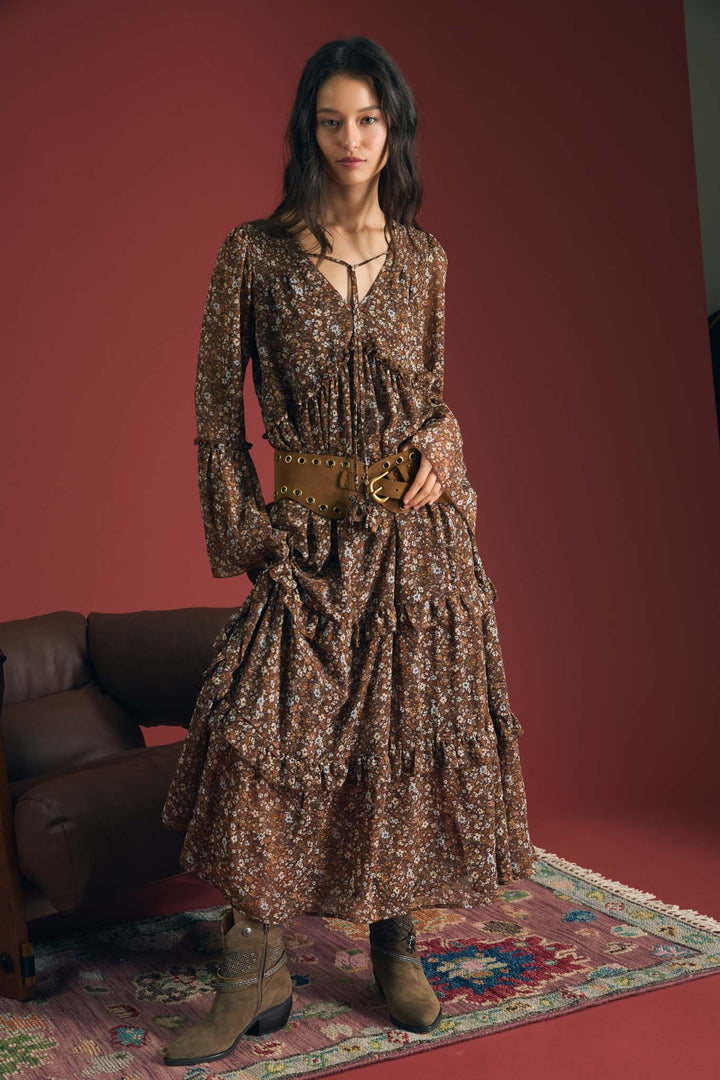 Brown Floral Organza Tunic Midi Dress