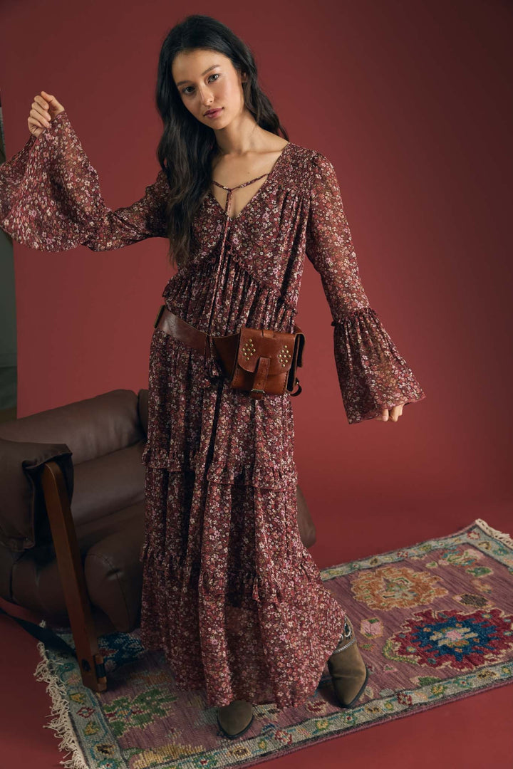Burgundy Floral Organza Tunic Midi Dress
