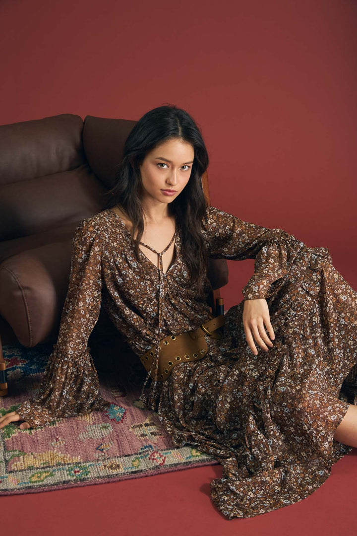 Brown Floral Organza Tunic Midi Dress