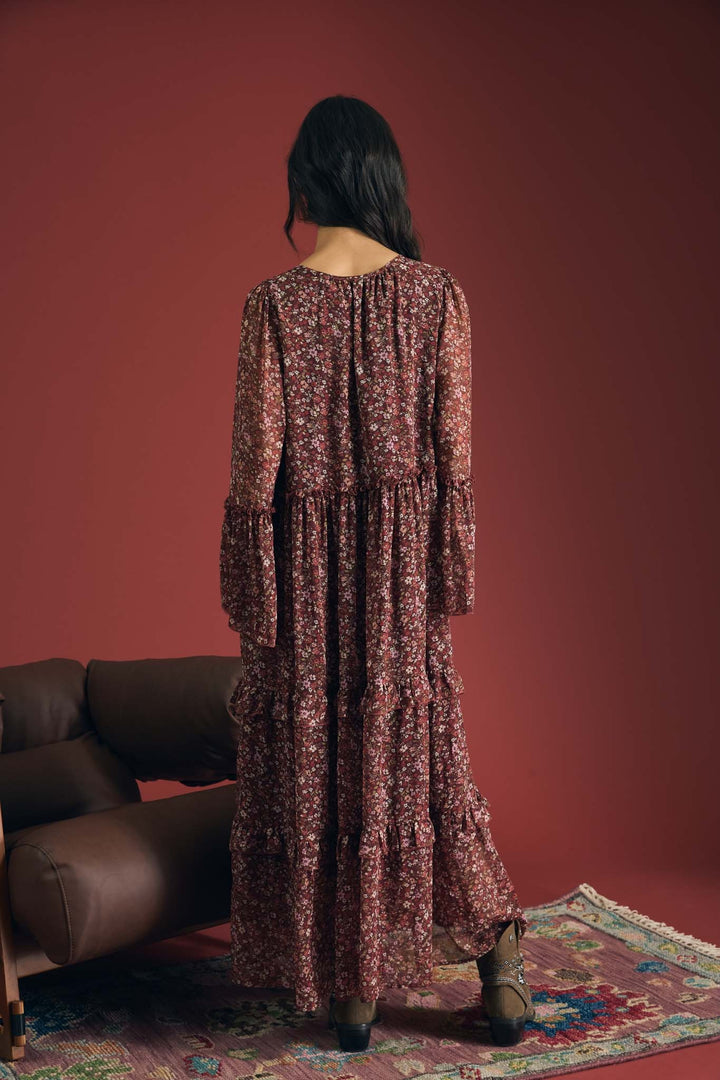 Burgundy Floral Organza Tunic Midi Dress