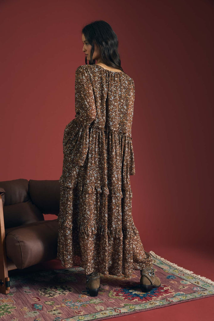 Brown Floral Organza Tunic Midi Dress