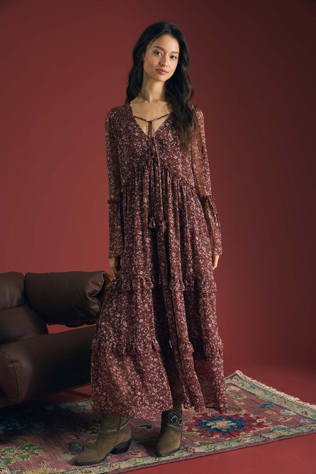 Burgundy Floral Organza Tunic Midi Dress
